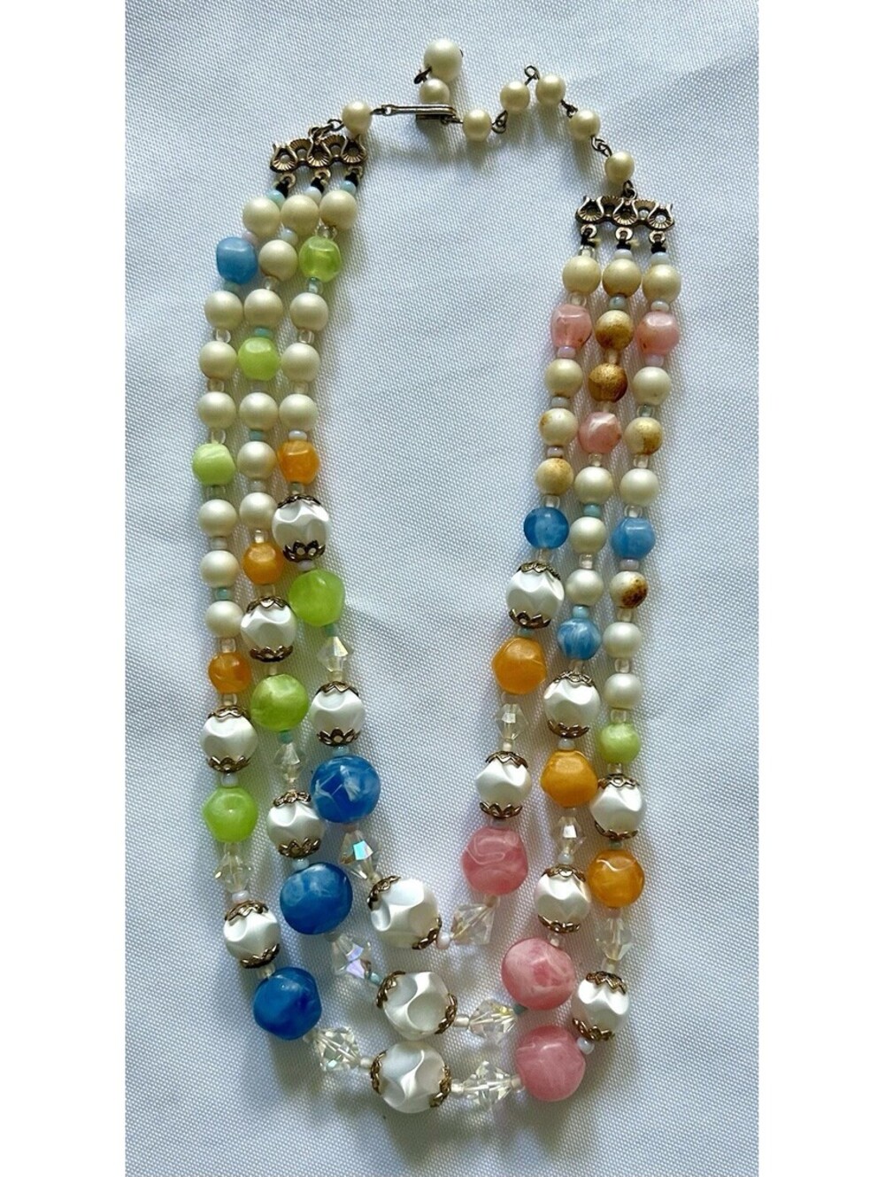 Vintage 3 Strand Faux Pearl & Pastel Beads Necklace MCM Retro Costume Jewelry